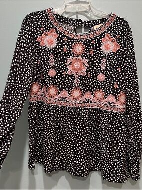 Savanna Jane Embroidered Floral Polka Dot Peplum Top - Pink on Black